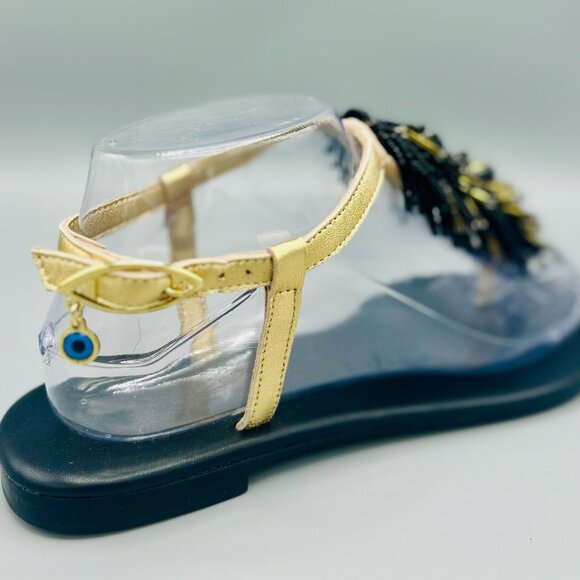 Chrysa Gold & Black Beaded Flat Sandals - Picture 2 of 3